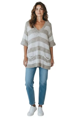 LAFAYETTE 148 Women XL Tunic Sweater Tan White Striped Linen Cotton Coastal 44" - Image 1 of 4