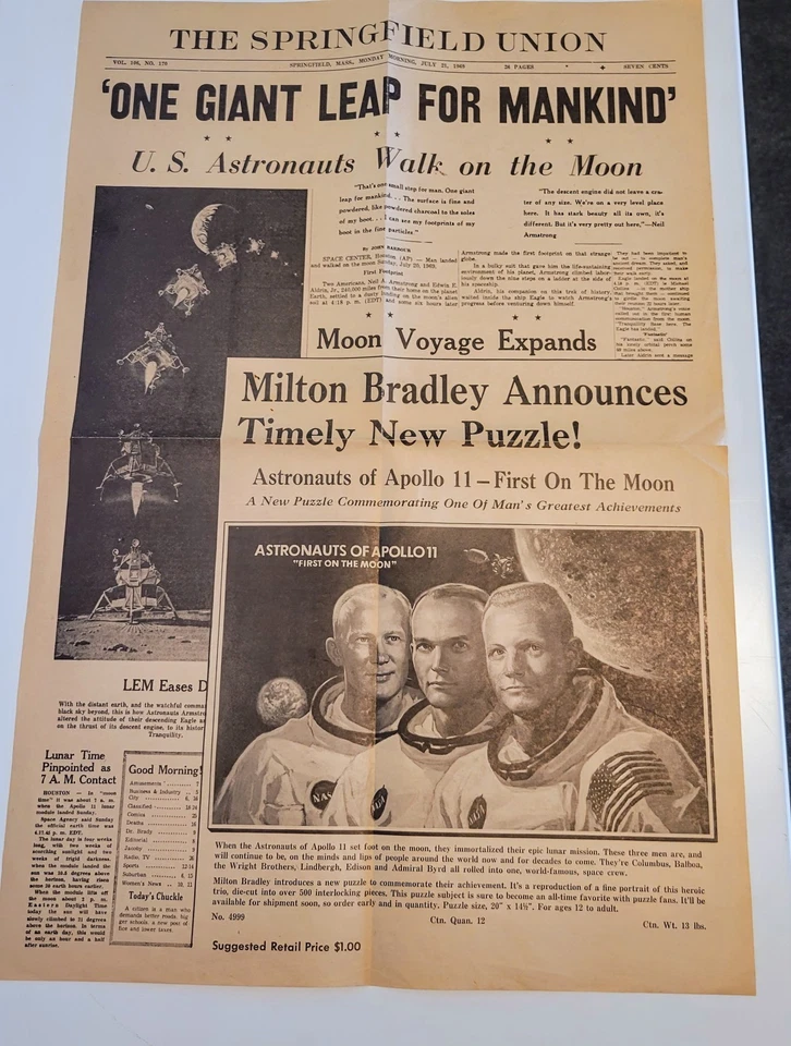Rare Milton Bradley Ad Moon Landing For Puzzle Springfield Union Neil Armstrong - Image 1 of 4