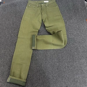 Gustin Slim Jeans Mens 32x34 Green Raw Selvedge Denim Leg Button Fly - Picture 1 of 11