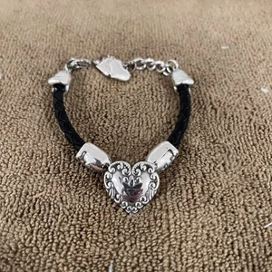 BRIGHTON CUPID'S BANDIT HEART BRACELET BLACK BRAIDED LEATHER SILVER #106 - Picture 1 of 3