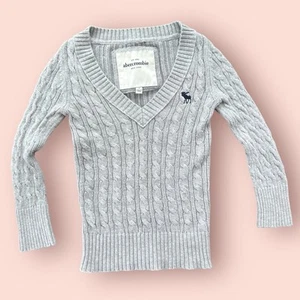 Y2K Abercrombie Vtg Deep V-Neck Sweater Gray Bella Swan Cable Knit Preppy 3/4 Xs - Picture 1 of 3