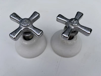 Pair of Vintage Porcelain Bath Kitchen Escutcheons & Handles - Image 1 of 3
