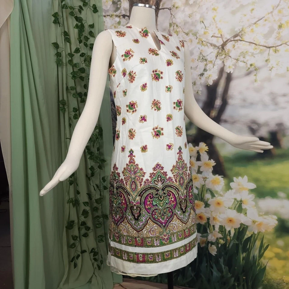 Mardi Gras Sleeveless Dress Paisley Green Pink 1970s Liberty Circle Vintage - Image 1 of 4