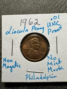 1962 Lincoln Cent Penny Gem Proof. No Mint Mark. Philadelphia. UNC. Non Magnetic - Picture 1 of 6