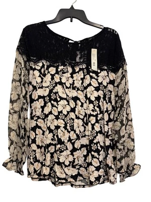 Blusa August Silk para mujer mediana vintage de encaje floral de gasa negra/blanca larga Sl Foto 1 de 4