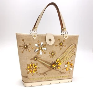 Enid Collins Of Texas Vintage 1960’s Purse Bag Road Runner Leather Canvas Wood - Picture 1 of 11