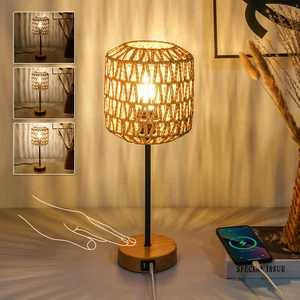 Dimmable Desk Lamp Touch Control Desk Bedside Light Rattan Shade with USB Wood - Picture 1 of 12