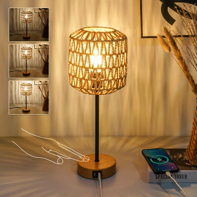 Lámpara de Escritorio Regulable Control Táctil Escritorio Luz de Cabecera Pantalla de Ratán con USB Madera Foto 1 de 4