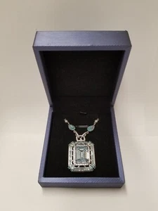 Halo Emerald Cut Aquamarine Color Gemstone Pendant 16" Necklace - Picture 1 of 5