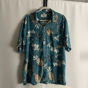 Island Shores Mens Large Washable Silk Hawaiian Shirt Turquoise Aloha Pineapple - Picture 1 of 3