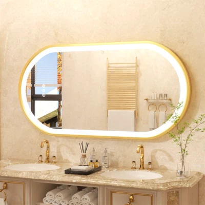 Espejo de baño LED dorado con luces Espejos de tocador de maquillaje HD antiniebla listado Ul Foto 1 de 4