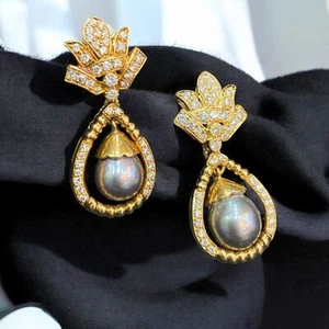 Dazzling 23.70 TCW Round Brilliant Cut Diamonds Pearl Dangle Earrings 18K Gold - Picture 1 of 16