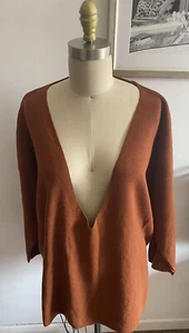 Nicole Farhi Sweater 100% Pure Wool Deep V Neck Pumpkin Spice Size Medium OvrSZ - Picture 1 of 8