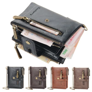 Mens Wallet with Anti-Theft Chain Leather Bifold Double Zipper Coin Pocket Purse - Picture 1 of 25