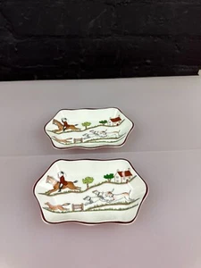 2 x Coalport Hunting Scene Trinket / Pin Dish / Tray 14.5 cm x 9 cm Pair - Picture 1 of 5