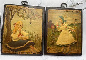 2-Little Bo Peep & Little Miss Muffet Wall Art/Plaques Wood Pictures Vintage