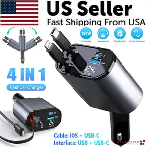 Retractable Car Charger 4 in 1 Fast Car Phone Charger 120W With USB Type C Cable - Picture 1 of 24