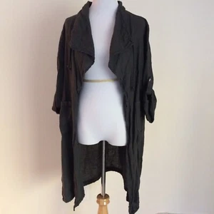 Own It Linen Top Womens Medium Open Front Lagenlook Layer Grey Roll Tab Sleeve - Picture 1 of 11