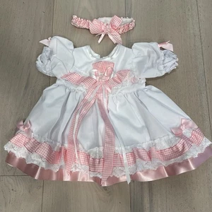 Vintage Baby Girls Dress Headband 6-9M Short Sleeve Pink Gingham Plaid - Picture 1 of 6