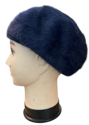 Womens Navy Blue Wool Angora Blend Beret Lined Fur Hat One Size - Image 1 of 4
