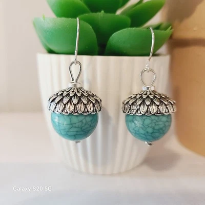 Acorn Turquoise Gemstone Dangle Earrings Silver Tone Women's NEW Fall Autumn - Image 1 of 4