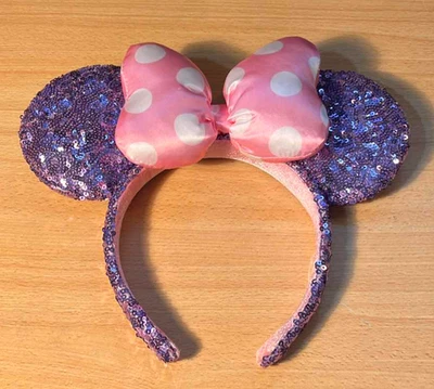 Disney Parks Minnie Mouse Purple Sequin Pink Polka Dot Bow Ears Headband - Image 1 of 4