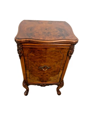 Antique French Nightstand Cabinet Hand Carved Acaci Burlwood Interior Shelf - Image 1 of 4