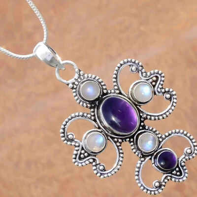 Amethyst & Moonstone Gemstone 925 Sterling Silver Husband Gift Cross Pendant - Image 1 of 4