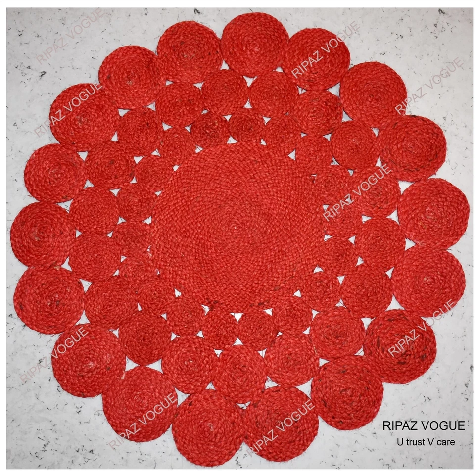 Red Jute Rug Round Hand Braided Area Rug for Living Room, Bedroom, Hallway - Image 1 of 4