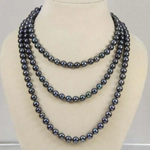 NATURAL 7-8MM TAHITIAN BLACK FRESHWATER PEARL NECKLACE Long 50'' - Picture 1 of 6