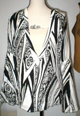 New NWT Womens 10 Italy Designer Silk Blouse Just Cavalli 46 Black White Bell  - Image 1 of 4