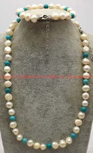 Natural 7-8mm White Baroque Pearl  6mm Blue Turquoise Gems Necklace Bracelet Set - Picture 1 of 12