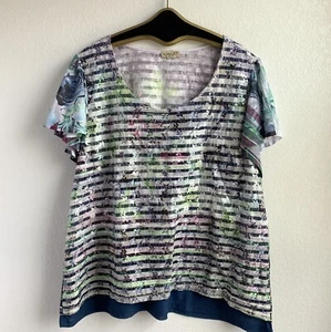 Damen Plus One World blau grün Blumen gestreift Spitze Overlay Top Größe 2X mit MANGEL - Bild 1 von 9