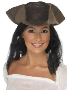 Brown Leather Look Pirate Hat Ladies Mens Tricon Hat Fancy Dress Pirates Accesso - Picture 1 of 1