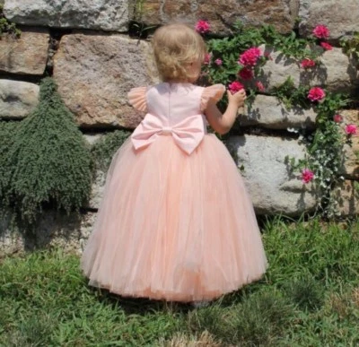 Peach Flower Girl Dress Sz 4 4T Toddler Princess Pageant Birthday Wedding Gown - Image 1 of 4