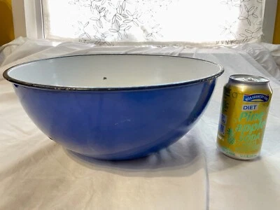 Vtg Rustic Large Enamel Ware Tub Basin Farm House Wash Bowl 13" x 5" Blue White - Image 1 of 4