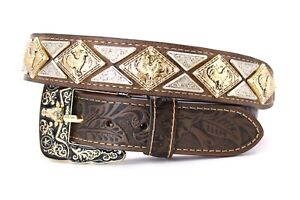 West Belt CF Silver Triangle With Rooster Gold Concho Floral Gallo Pants Size 38