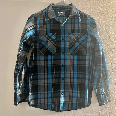 Hawk на пуговицах клетку длинным рукавом синий серый черный рубашки размер большой - Изображение 1 из 4