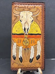 Hand Tooled Biker Cowboy One Of Kind Long Bifold Leather Wallet Billfold Dyed - Picture 1 of 12