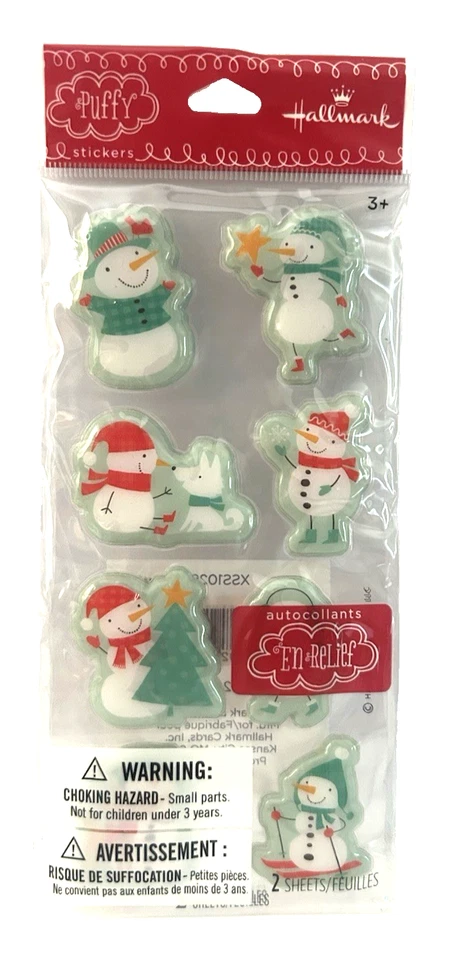 Hallmark Pegatinas Hinchadas Muñeco de Nieve Navidad Dos Hojas Nuevo Antiguo Stock 2013 Sellado Foto 1 de 3