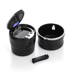 Portable Car Ashtray Ceramic with LED Light and Lid Brilliant silver - Picture 1 of 5