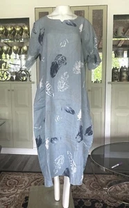 T BY TRASNPARENTE KLEID Damen Blau Federn Print Leinen Made in Italy - Bild 1 von 7