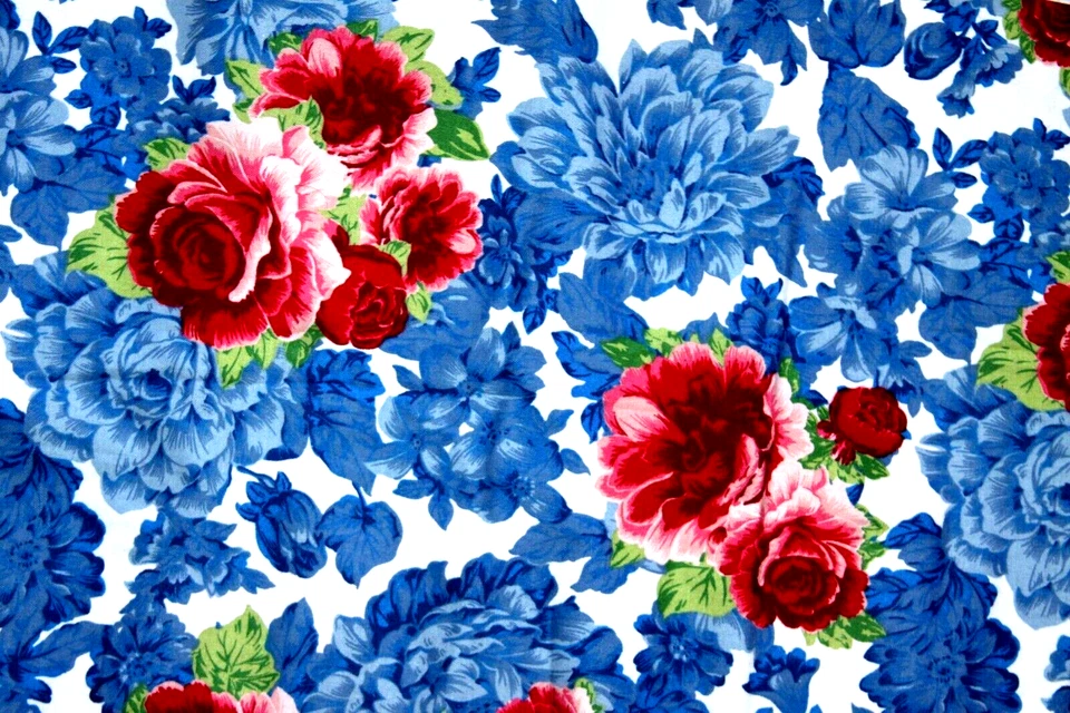 FABRIC 100% QUILTING COTTON ~FAT QUARTER ~ PIONEER WOMAN Blue with Red Roses - Image 1 of 1