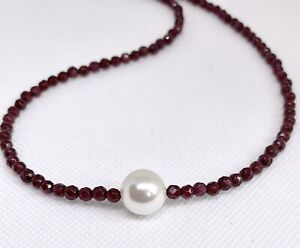 Faceted Natural Ruby/Garnet + Pearl necklace Handmade
