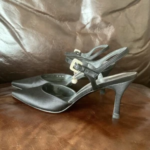 Stuart Weitzman Black Satin Rhinestone Ball charm Party Shoes US8.5 - Picture 1 of 7
