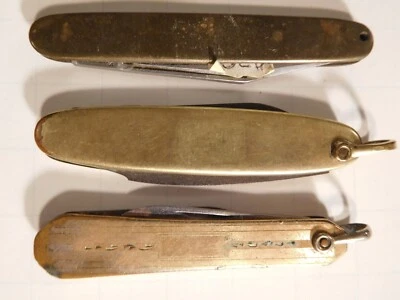 3 Antique small Folding Pocket Brass Fruit Knives - Image 1 of 4