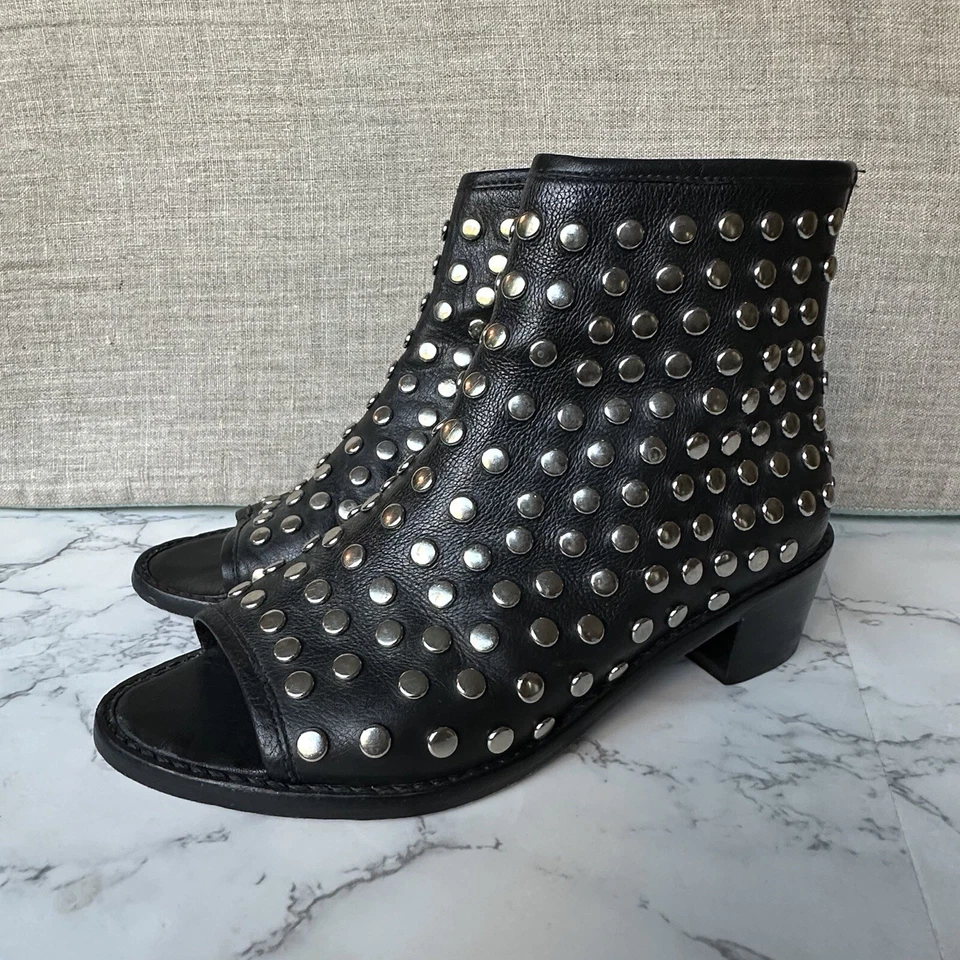 Botas Loeffler Randall para mujer 6 botines al tobillo de cuero negro punta abierta con tachuelas Foto 1 de 4
