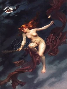 BRUJA DESNUDA BRUJA VOLADORA ESCOBA DE FUEGO ANTORCHA MURCIÉLAGOS LUNA WICCANA IMPRESIÓN GRANDE - Imagen 1 de 1