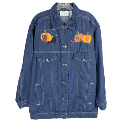 Quacker Factory Medium Denim Jacket Jean Fall Autumn Scarecrow Pumpkin 1582 - Image 1 of 4