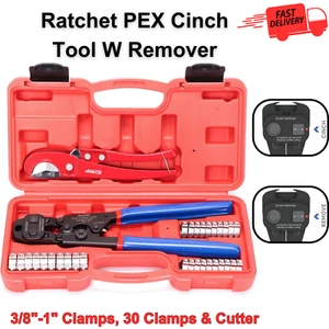 Ratchet PEX Cinch Tool For 3/8"-1" Clamps, PEX Crimper, 30 Clamps & Pipe Cutter - Picture 1 of 8